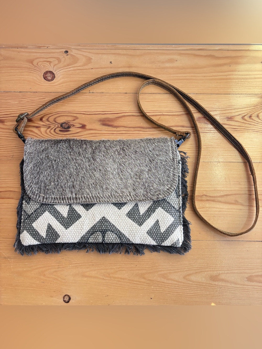 MYRA BAG Aztec Calf Hair Flap Gray Ivory Crossbody Clutch Canvas Bag